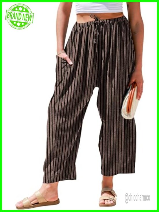 Pants - TARSE Womens Wide Leg Striped Linen Pants with Pocket